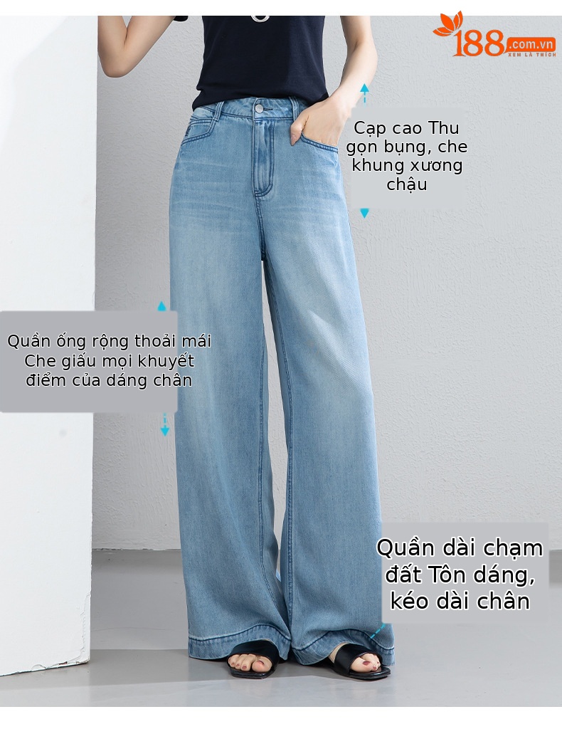 Quần jean ống rộng nữ eo cao dáng suông dài chấm đất chất lụa tencel mỏng mùa hè — Màu xanh - Chiều dài quần thông thường khoảng 103cm chi tiết 5