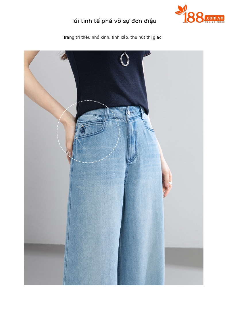 Quần jean ống rộng nữ eo cao dáng suông dài chấm đất chất lụa tencel mỏng mùa hè — Màu xanh - Chiều dài quần thông thường khoảng 103cm chi tiết 6