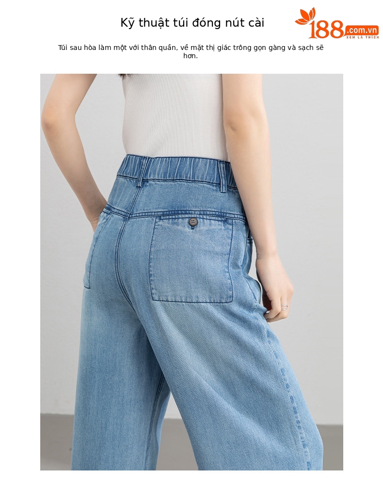 Quần jean ống rộng nữ eo cao dáng suông dài chấm đất chất lụa tencel mỏng mùa hè — Màu xanh - Chiều dài quần thông thường khoảng 103cm chi tiết 7