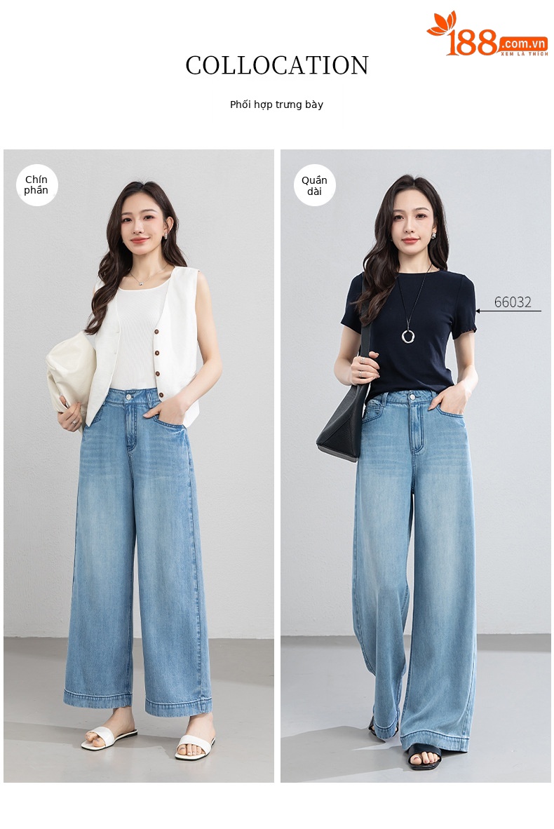 Quần jean ống rộng nữ eo cao dáng suông dài chấm đất chất lụa tencel mỏng mùa hè — Màu xanh - Chiều dài quần thông thường khoảng 103cm chi tiết 8