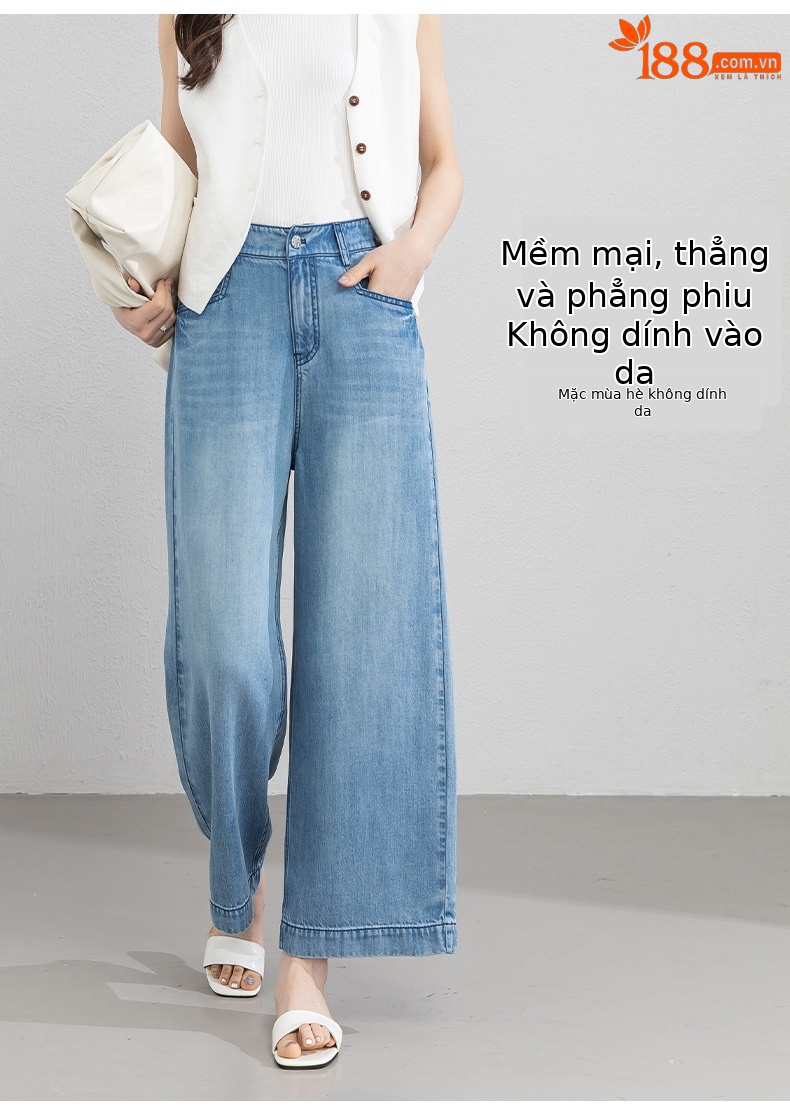 Quần jean ống rộng nữ eo cao dáng suông dài chấm đất chất lụa tencel mỏng mùa hè — Màu xanh - Chiều dài quần thông thường khoảng 103cm chi tiết 10