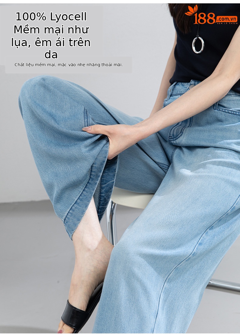 Quần jean ống rộng nữ eo cao dáng suông dài chấm đất chất lụa tencel mỏng mùa hè — Màu xanh - Chiều dài quần thông thường khoảng 103cm chi tiết 11