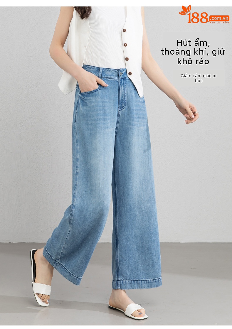Quần jean ống rộng nữ eo cao dáng suông dài chấm đất chất lụa tencel mỏng mùa hè — Màu xanh - Chiều dài quần thông thường khoảng 103cm chi tiết 12