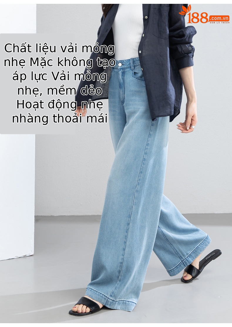 Quần jean ống rộng nữ eo cao dáng suông dài chấm đất chất lụa tencel mỏng mùa hè — Màu xanh - Chiều dài quần thông thường khoảng 103cm chi tiết 13