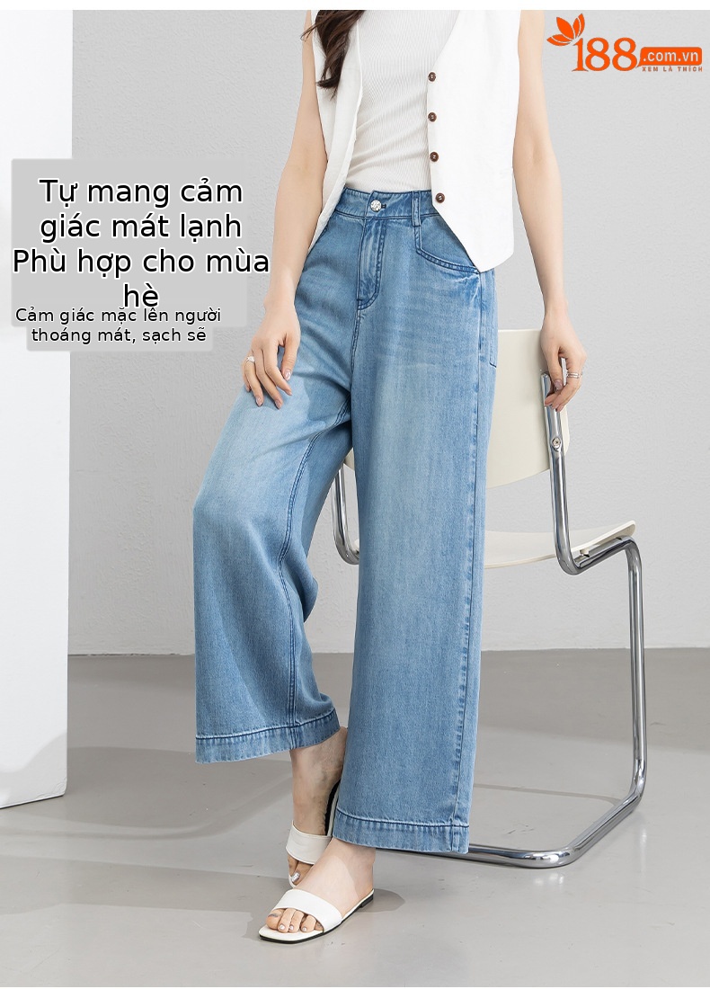 Quần jean ống rộng nữ eo cao dáng suông dài chấm đất chất lụa tencel mỏng mùa hè — Màu xanh - Chiều dài quần thông thường khoảng 103cm chi tiết 14