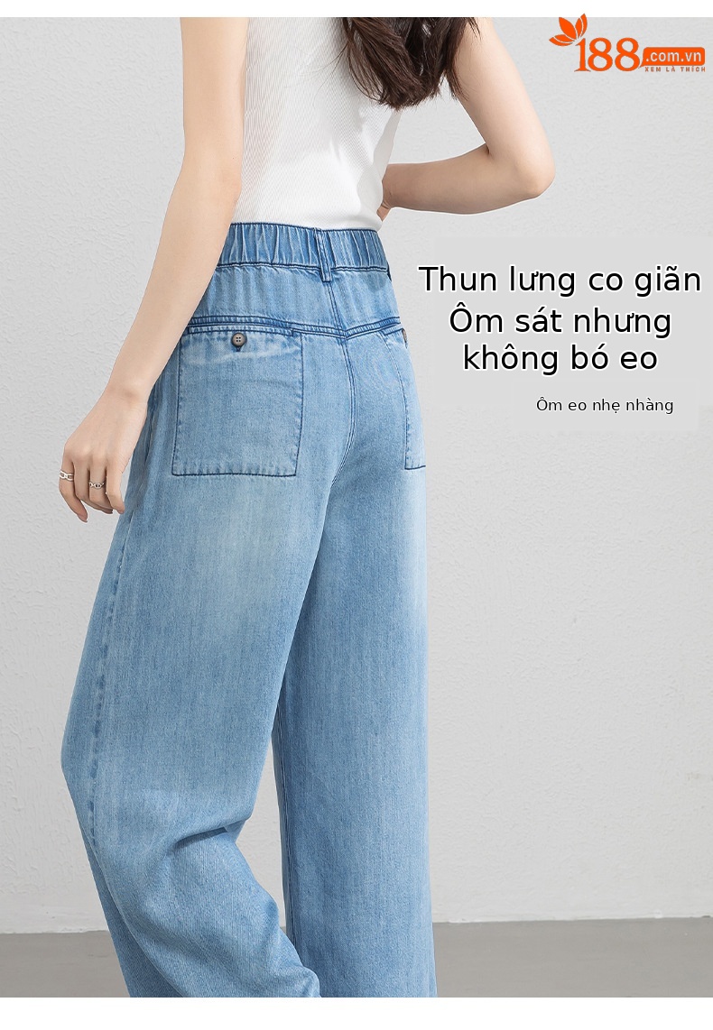 Quần jean ống rộng nữ eo cao dáng suông dài chấm đất chất lụa tencel mỏng mùa hè — Màu xanh - Chiều dài quần thông thường khoảng 103cm chi tiết 15