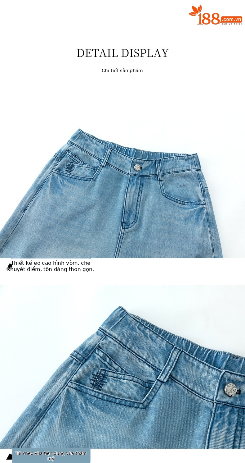 Quần jean ống rộng nữ eo cao dáng suông dài chấm đất chất lụa tencel mỏng mùa hè — Màu xanh - Chiều dài quần thông thường khoảng 103cm chi tiết 16