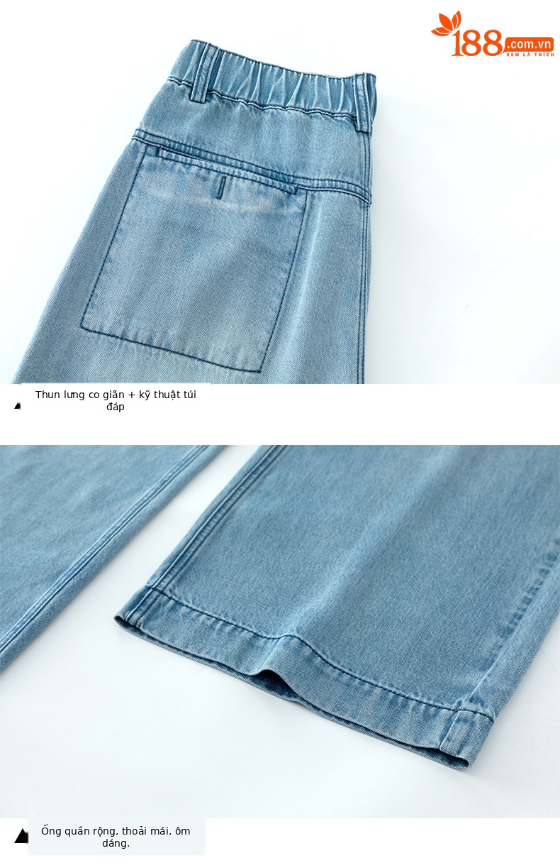 Quần jean ống rộng nữ eo cao dáng suông dài chấm đất chất lụa tencel mỏng mùa hè — Màu xanh - Chiều dài quần thông thường khoảng 103cm chi tiết 18