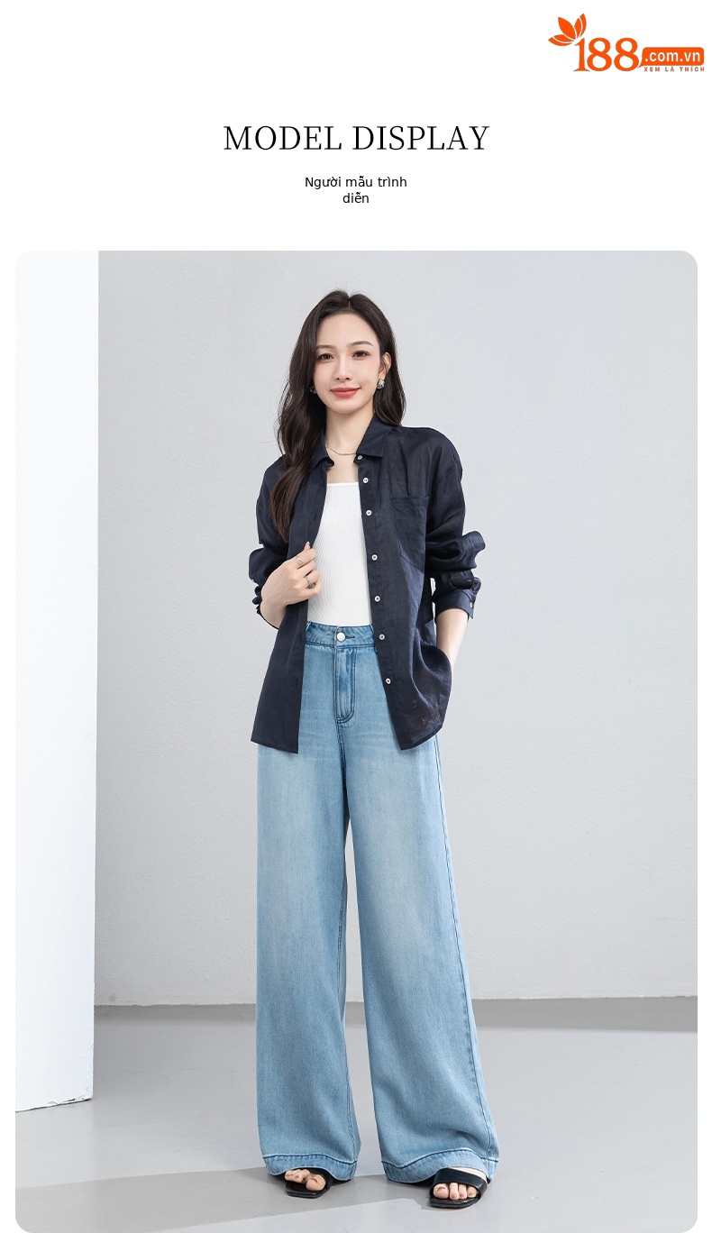 Quần jean ống rộng nữ eo cao dáng suông dài chấm đất chất lụa tencel mỏng mùa hè — Màu xanh - Chiều dài quần thông thường khoảng 103cm chi tiết 20