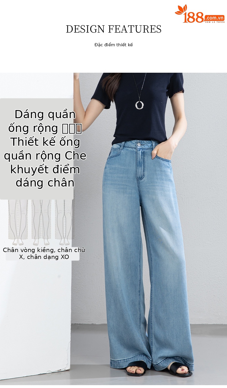 Quần jean ống rộng nữ eo cao dáng suông dài chấm đất chất lụa tencel mỏng mùa hè — Màu xanh - Chiều dài quần thông thường khoảng 103cm chi tiết 9