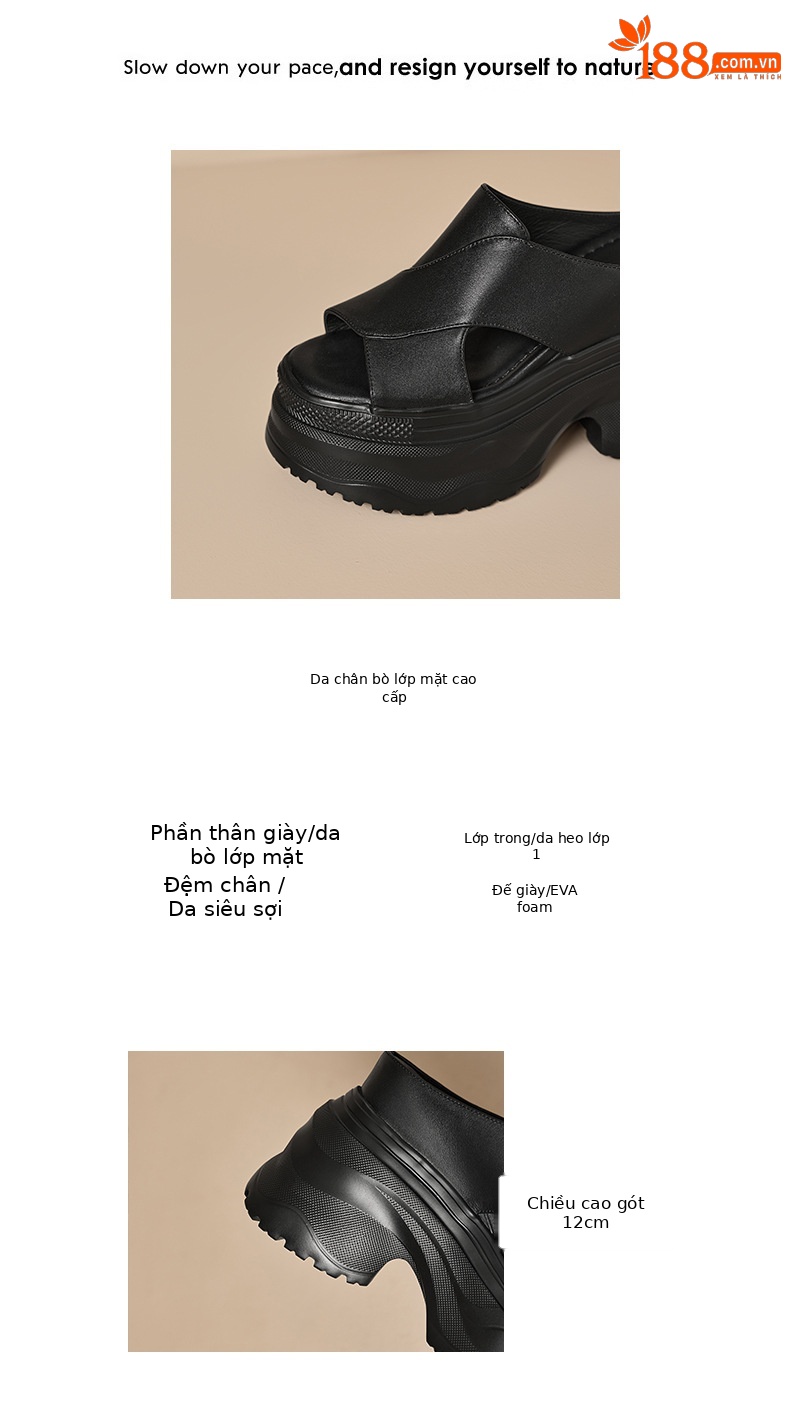 Dép sandal nữ quai ngang đế dày da thật tăng chiều cao — màu đen, màu trắng ngà, bạc chi tiết 3
