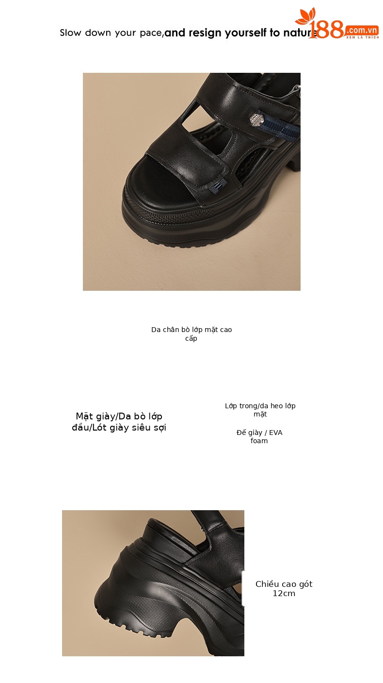 Sandal nữ đế xuồng cao gót 12 cm mũi hở phong cách La Mã — màu đen, màu trắng ngà chi tiết 2