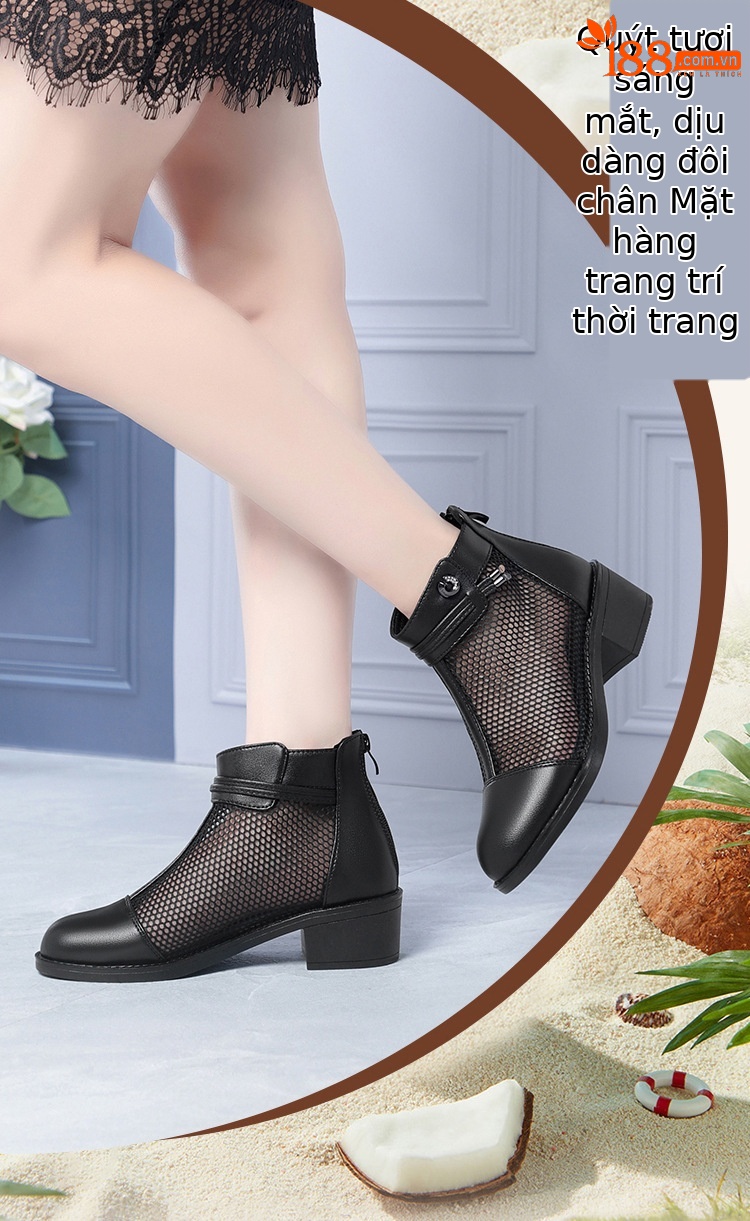 Boot nữ da thật cổ thấp gót vuông 5 cm đế êm, kiểu hở mũi lưới thoáng khí — màu be chi tiết 2