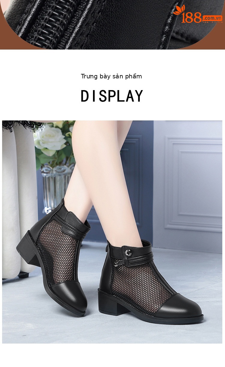 Boot nữ da thật cổ thấp gót vuông 5 cm đế êm, kiểu hở mũi lưới thoáng khí — màu be chi tiết 8