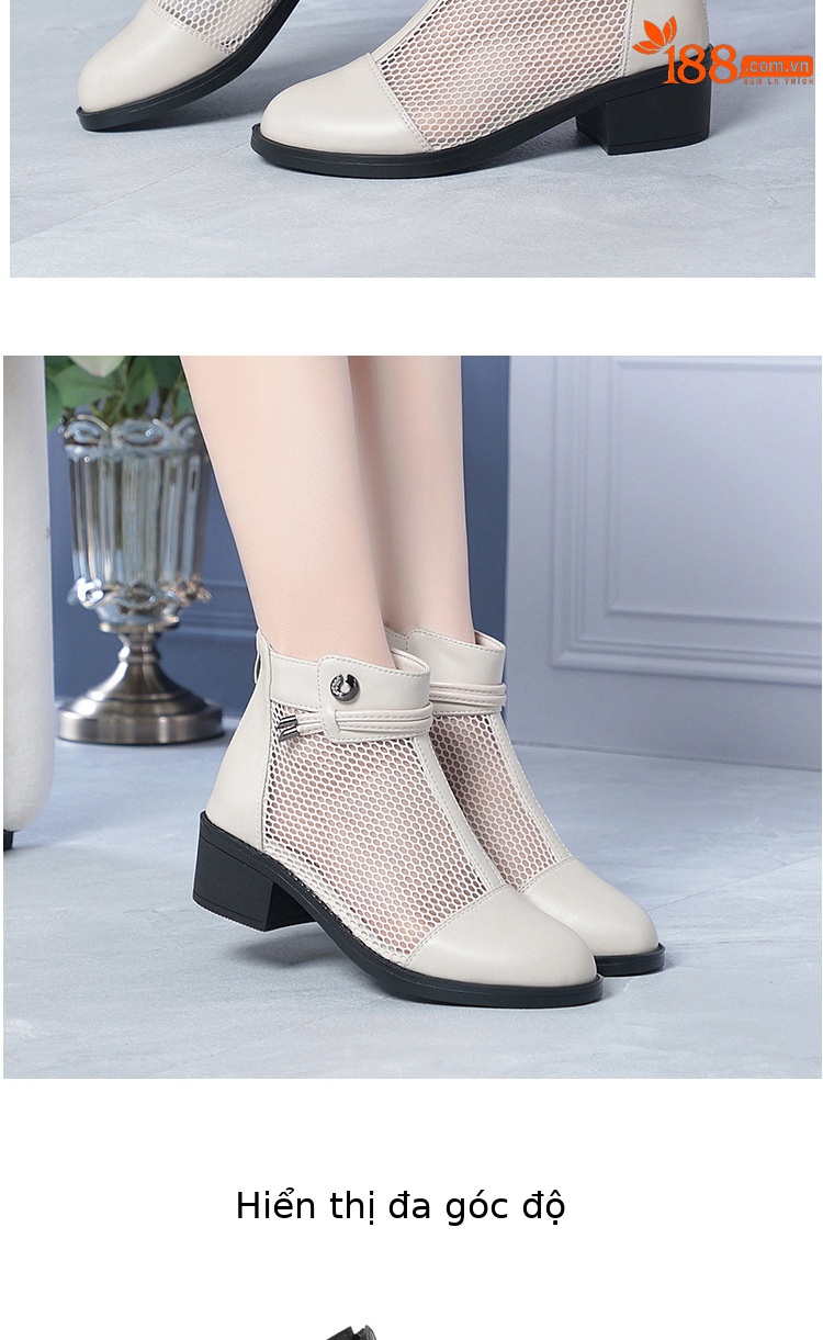 Boot nữ da thật cổ thấp gót vuông 5 cm đế êm, kiểu hở mũi lưới thoáng khí — màu be chi tiết 14