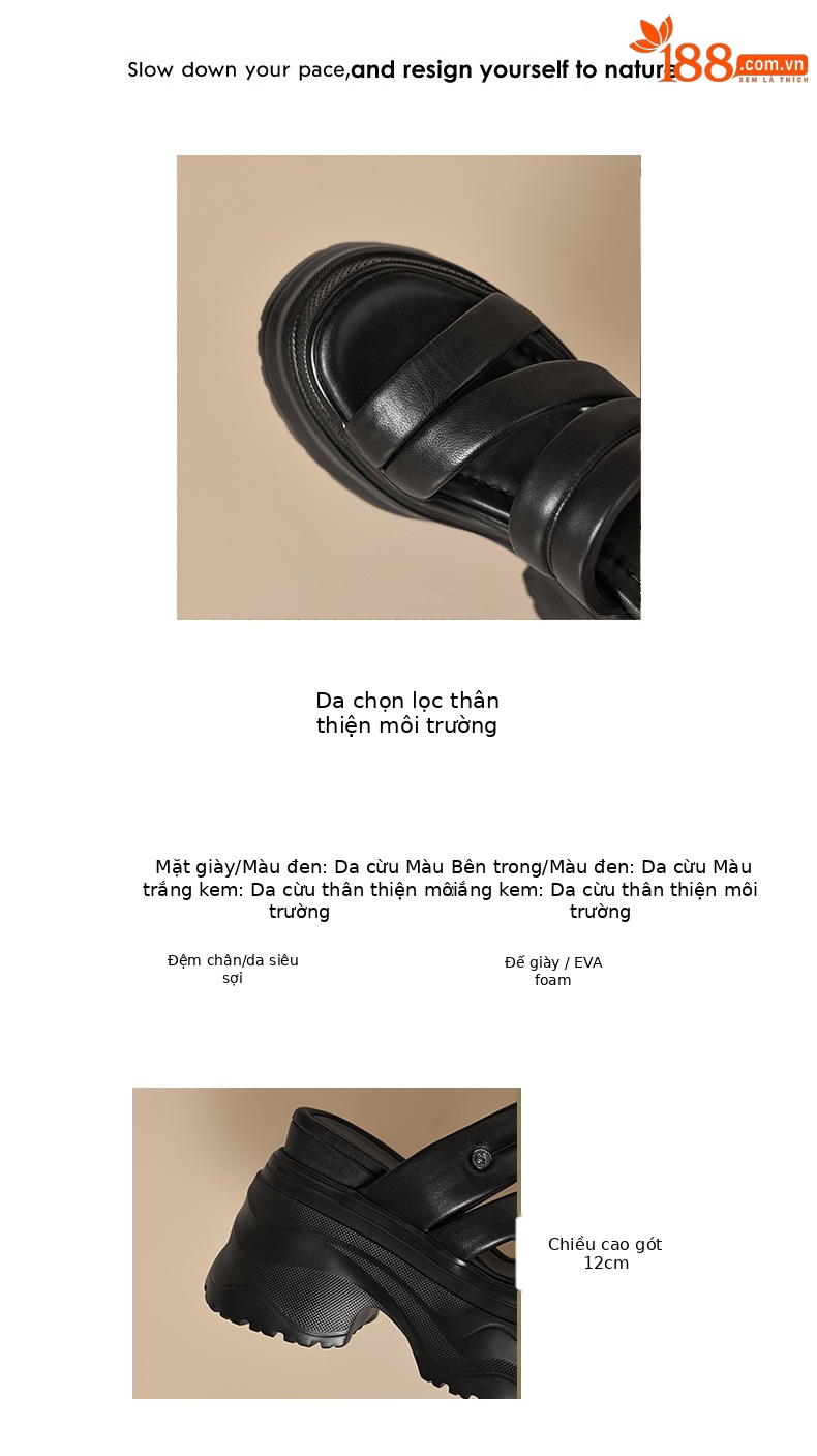 Dép sandal nữ quai chữ V đế dày da thật mùa hè, tăng chiều cao, xỏ ngón tiện lợi — màu đen, Trắng kem- chi tiết 3