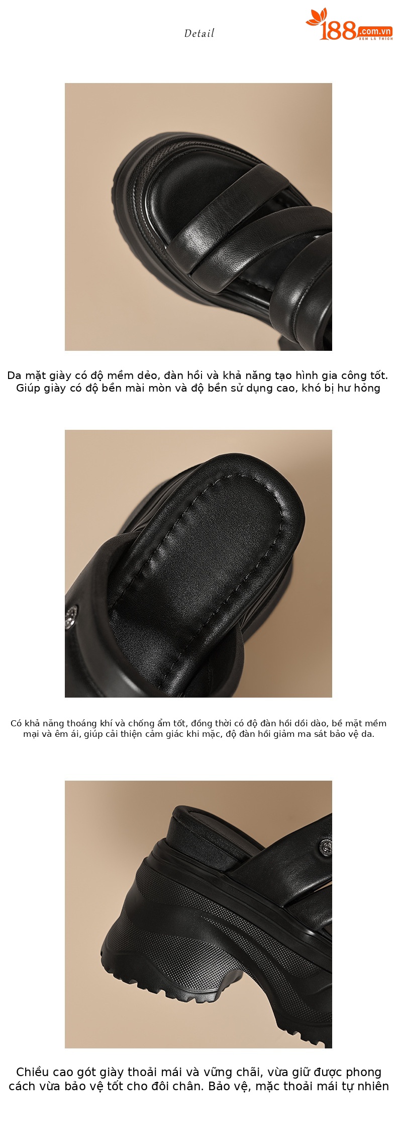 Dép sandal nữ quai chữ V đế dày da thật mùa hè, tăng chiều cao, xỏ ngón tiện lợi — màu đen, Trắng kem- chi tiết 4