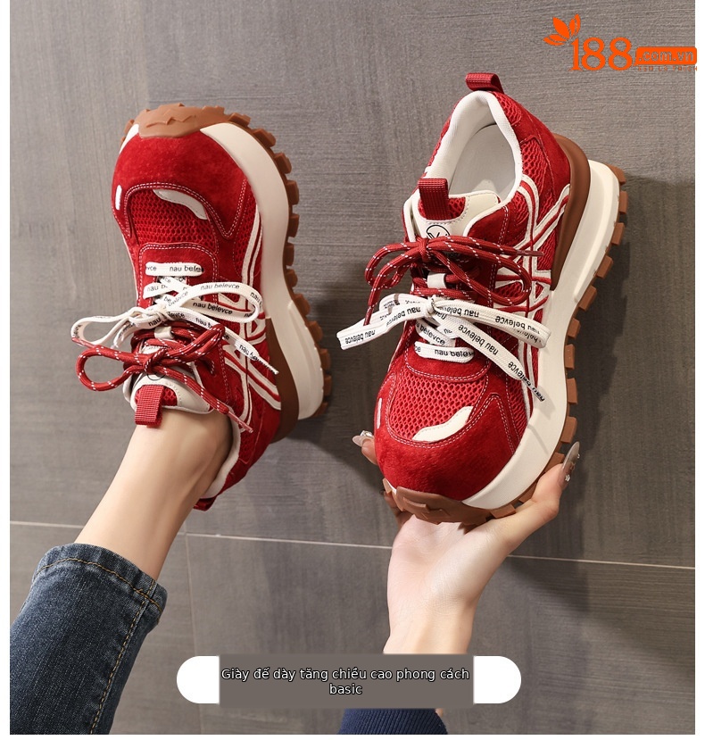 Giày sneaker nữ đế dày tăng chiều cao lưới thoáng khí phong cách dad sneaker — màu be chi tiết 1