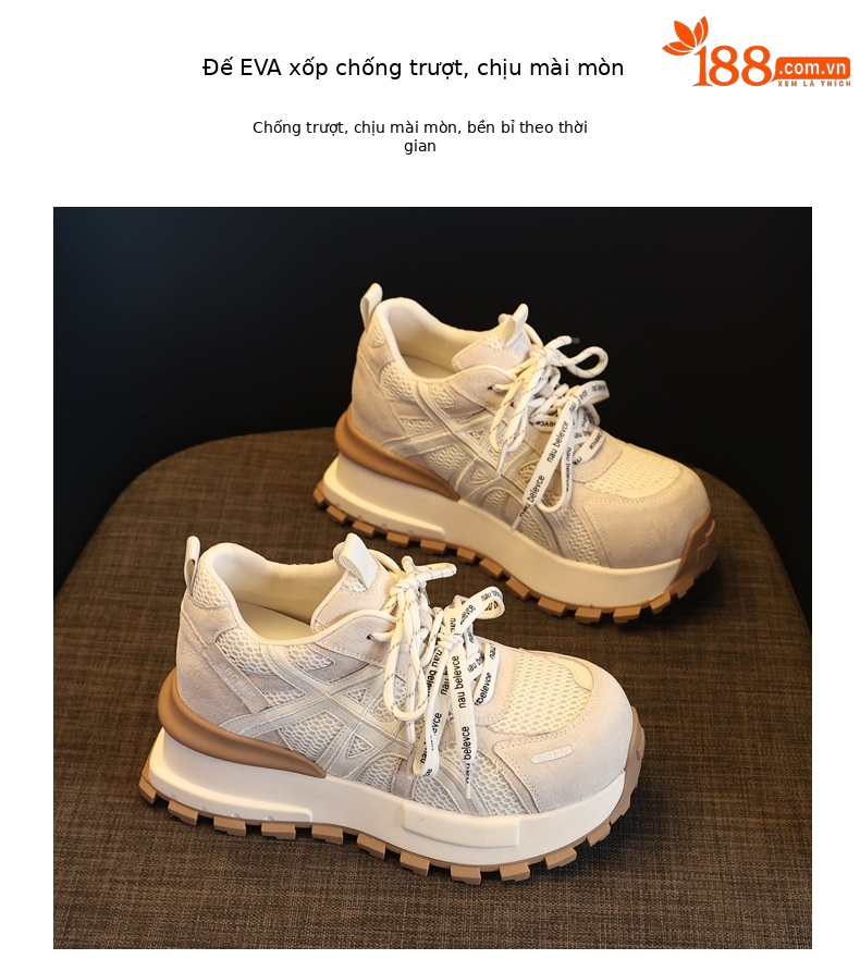 Giày sneaker nữ đế dày tăng chiều cao lưới thoáng khí phong cách dad sneaker — màu be chi tiết 9