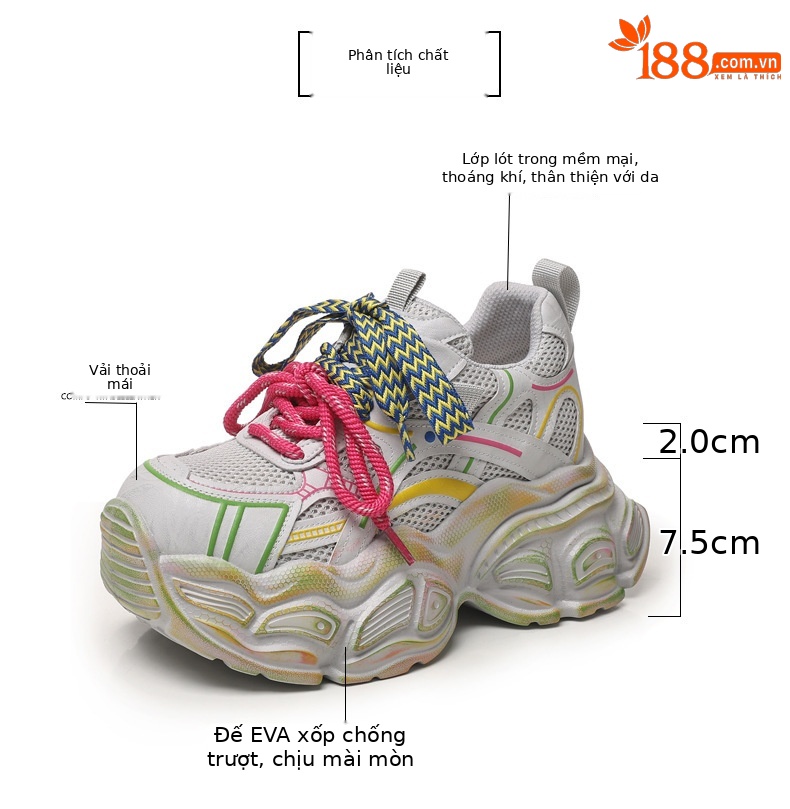 Giày thể thao nữ đế dày lưới thoáng khí phong cách dad sneaker — Trắng vàng chi tiết 3