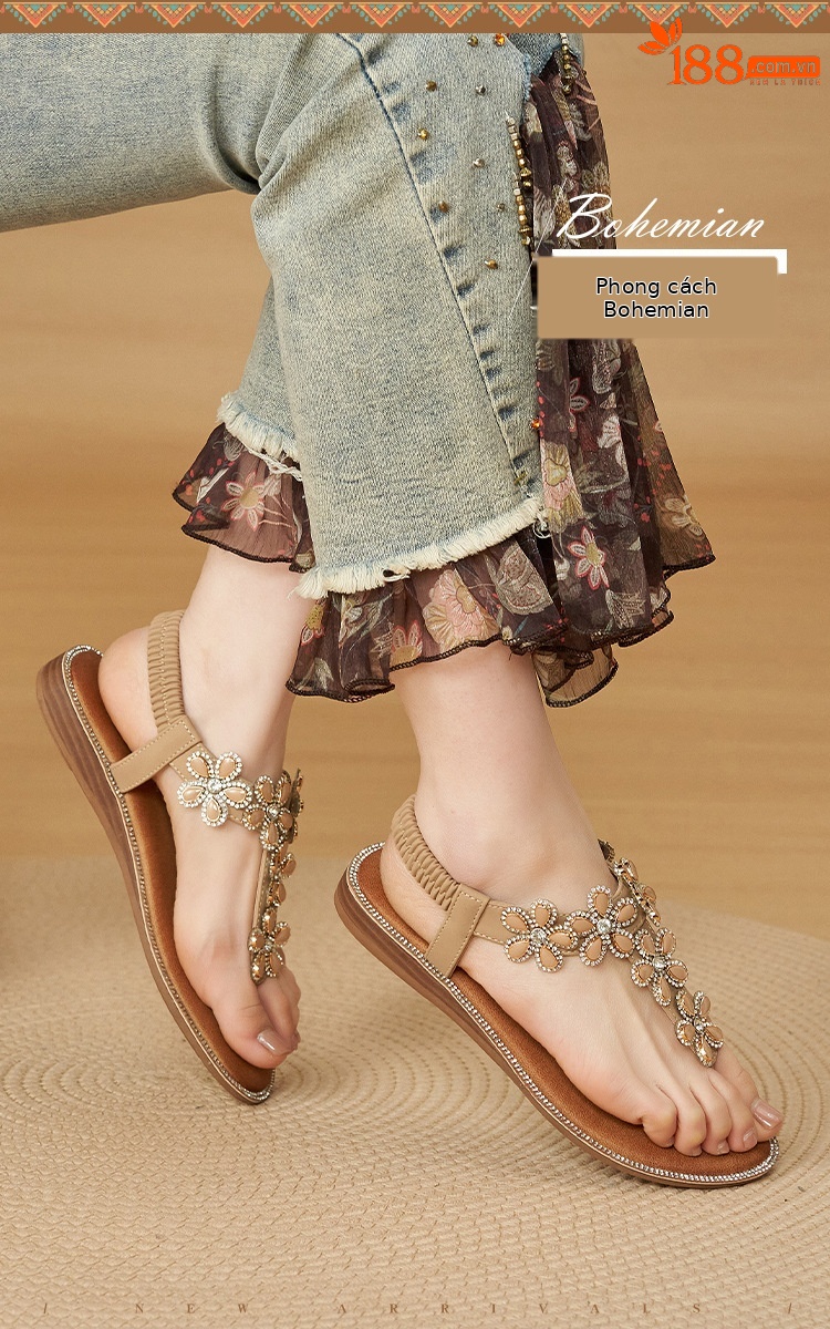 Dép sandal nữ xỏ ngón đế bệt đính hoa kim cương mềm chống trượt — màu đen, màu mơ chi tiết 1