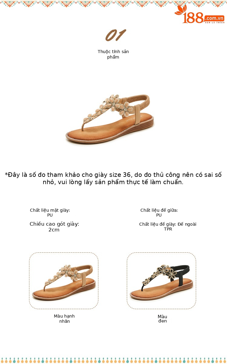 Dép sandal nữ xỏ ngón đế bệt đính hoa kim cương mềm chống trượt — màu đen, màu mơ chi tiết 2