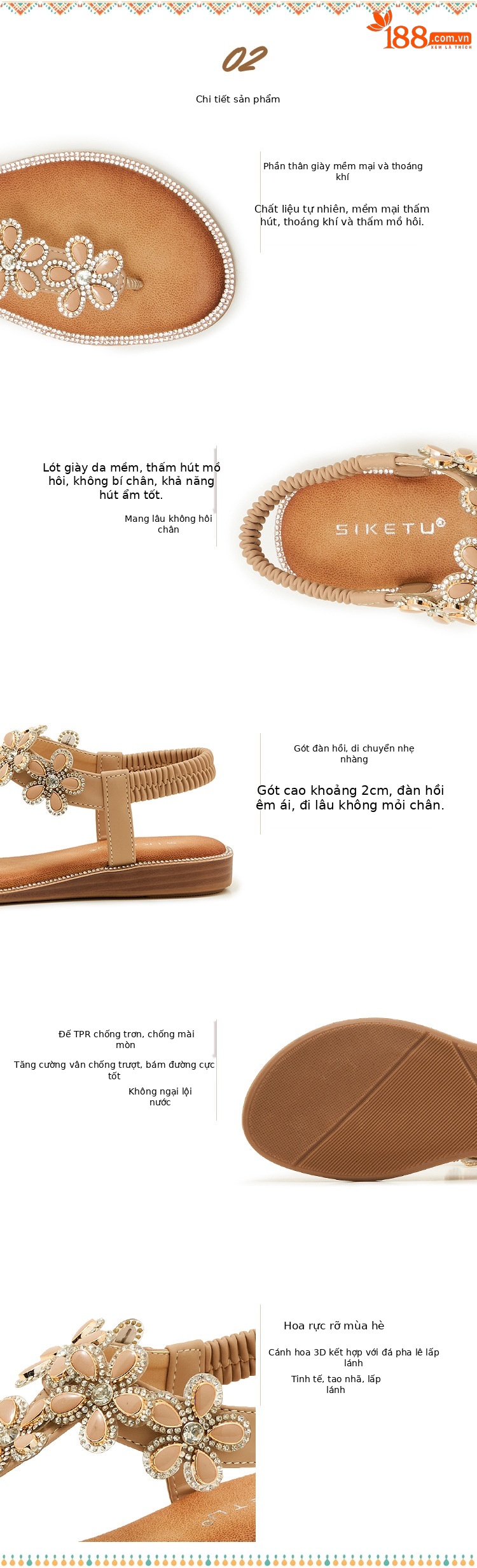 Dép sandal nữ xỏ ngón đế bệt đính hoa kim cương mềm chống trượt — màu đen, màu mơ chi tiết 3