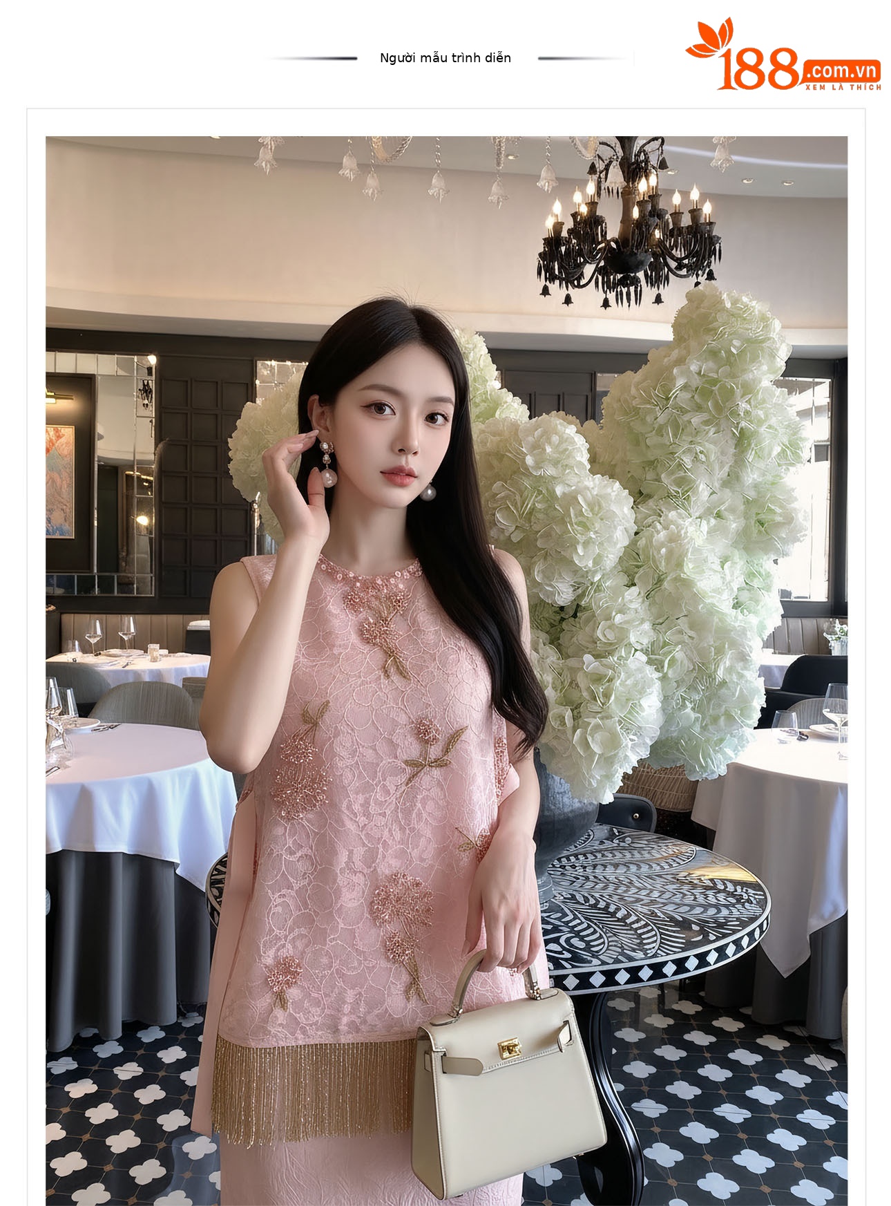 Bộ váy dây kèm áo gi lê thêu hoa cầu tân cổ điển — váy dây màu hồng phấn, Áo gi lê màu hồng chi tiết 1