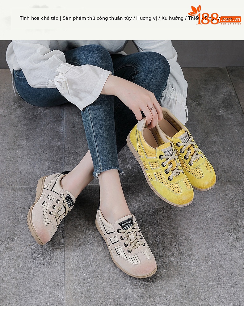 Giày sneaker nữ da bò thật lỗ thoáng khí đế bệt nhẹ phong cách Đức Huấn — màu be chi tiết 1