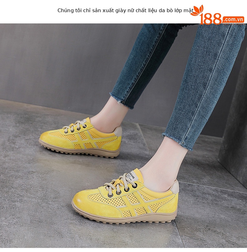 Giày sneaker nữ da bò thật lỗ thoáng khí đế bệt nhẹ phong cách Đức Huấn — màu be chi tiết 2