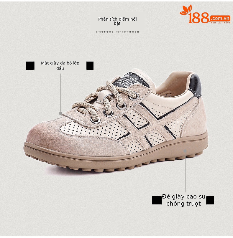 Giày sneaker nữ da bò thật lỗ thoáng khí đế bệt nhẹ phong cách Đức Huấn — màu be chi tiết 3