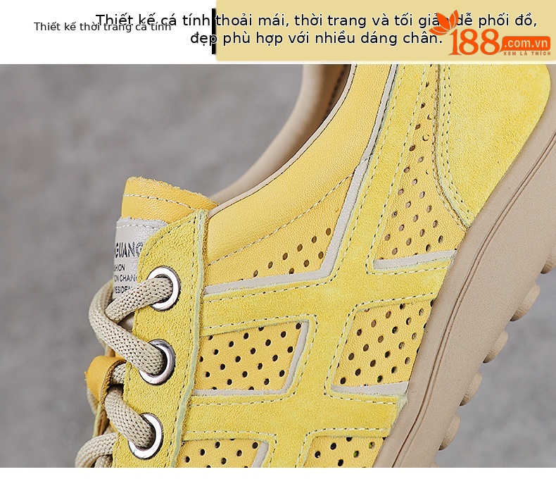 Giày sneaker nữ da bò thật lỗ thoáng khí đế bệt nhẹ phong cách Đức Huấn — màu be chi tiết 5