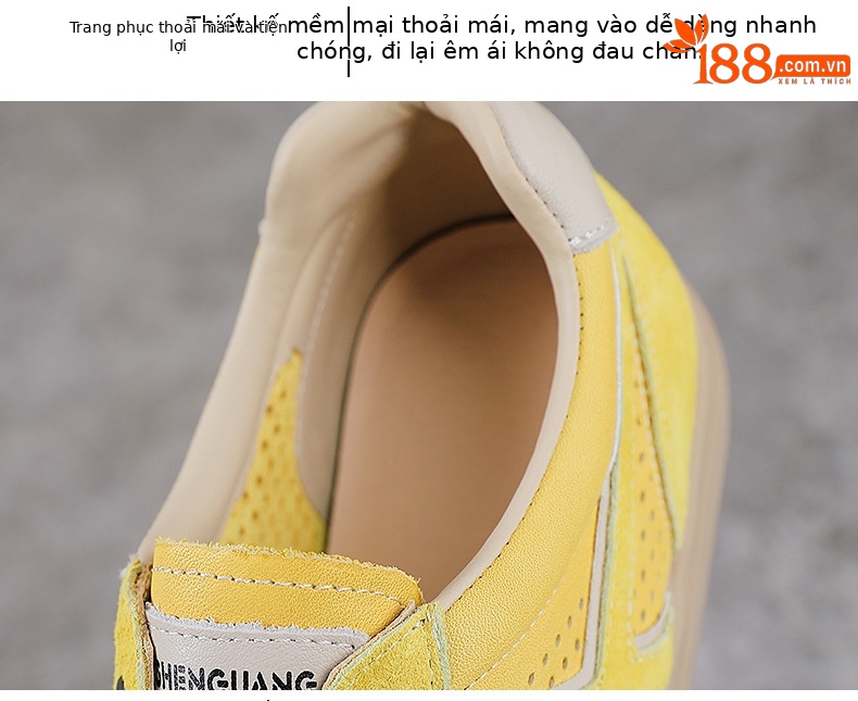 Giày sneaker nữ da bò thật lỗ thoáng khí đế bệt nhẹ phong cách Đức Huấn — màu be chi tiết 6