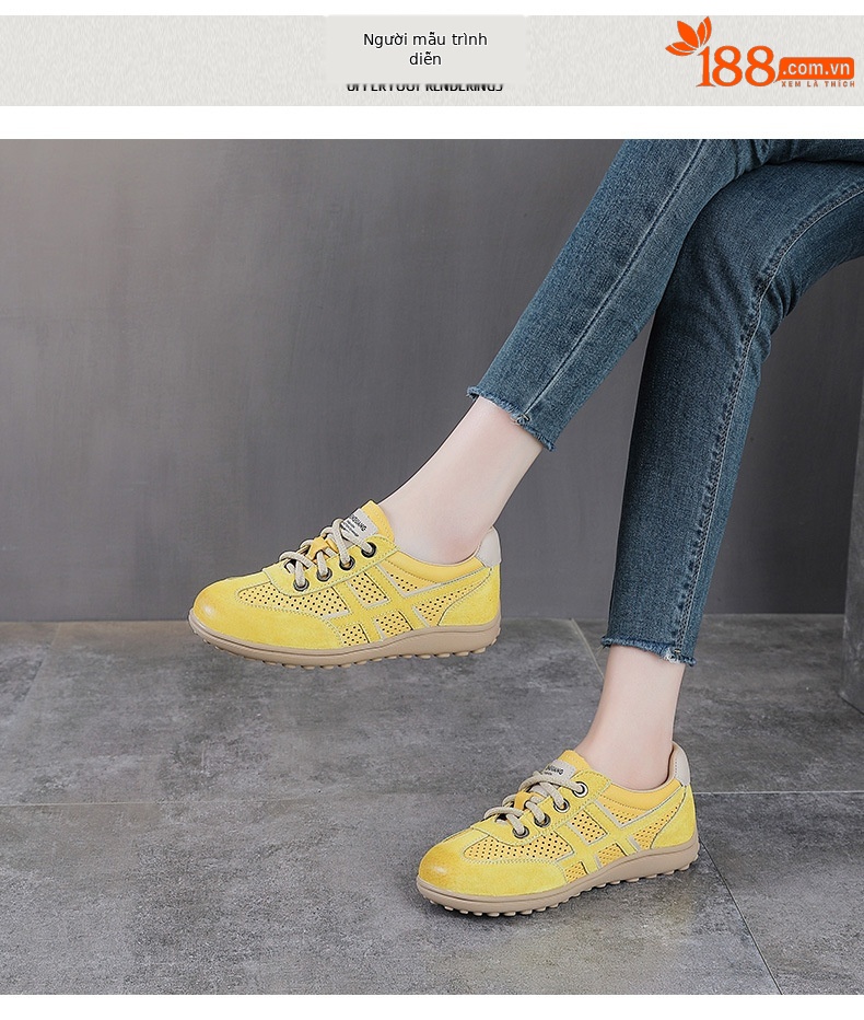 Giày sneaker nữ da bò thật lỗ thoáng khí đế bệt nhẹ phong cách Đức Huấn — màu be chi tiết 9