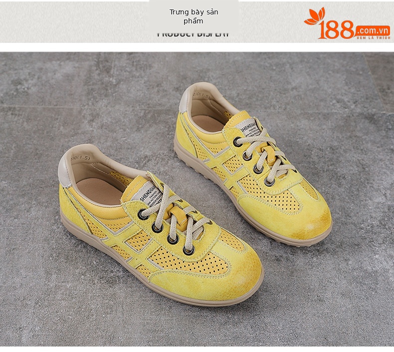 Giày sneaker nữ da bò thật lỗ thoáng khí đế bệt nhẹ phong cách Đức Huấn — màu be chi tiết 10