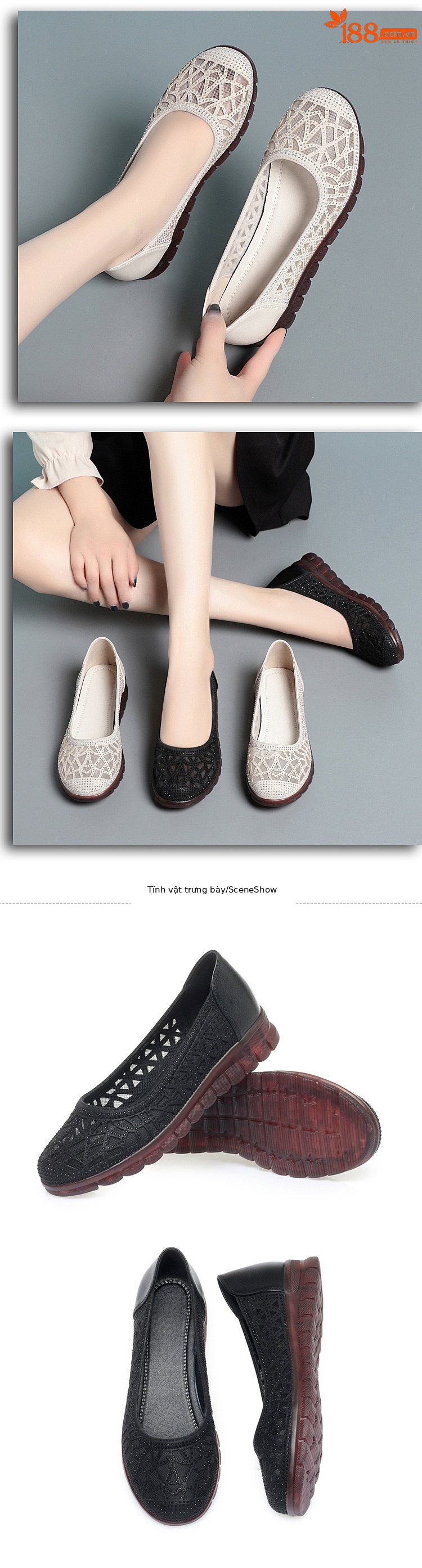 Sandal nữ da bò lỗ thoáng khí đế mềm cao su bệt — Đen【Da bò lớp đầu】 chi tiết 4