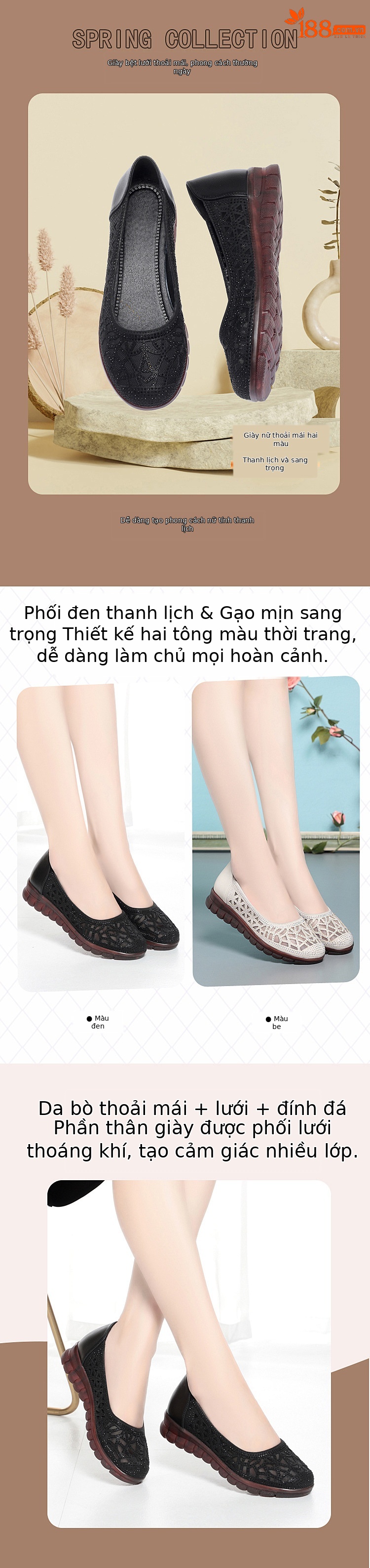 Sandal nữ da bò lỗ thoáng khí đế mềm cao su bệt — Đen【Da bò lớp đầu】 chi tiết 1
