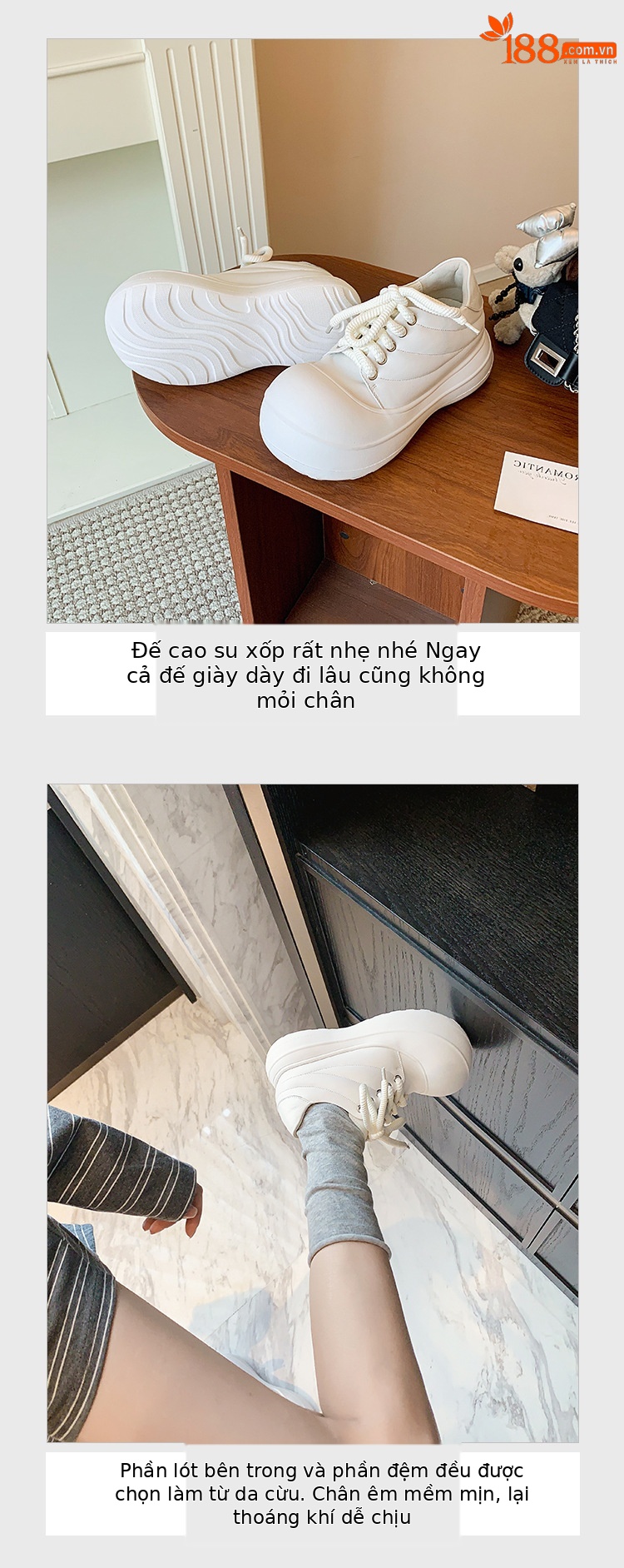 Giày sneaker nữ chunky đế dày da thật phối màu mũi to bản — màu đen, màu trắng chi tiết 5