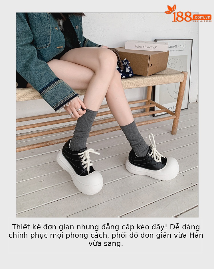 Giày sneaker nữ chunky đế dày da thật phối màu mũi to bản — màu đen, màu trắng chi tiết 6