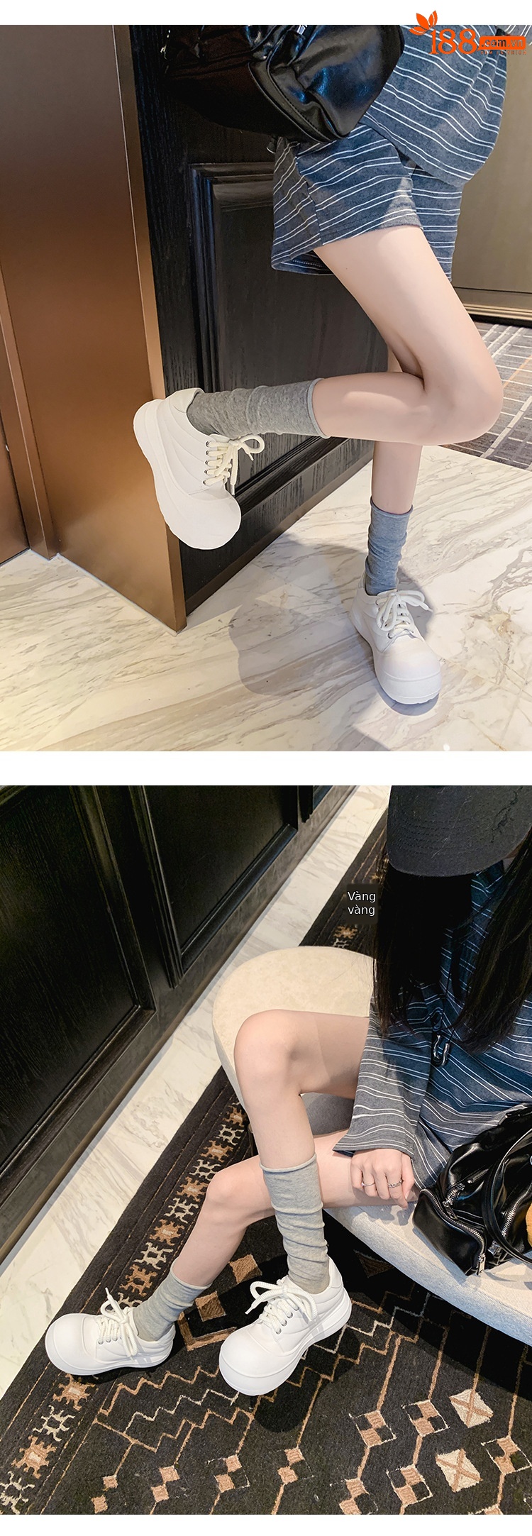 Giày sneaker nữ chunky đế dày da thật phối màu mũi to bản — màu đen, màu trắng chi tiết 10