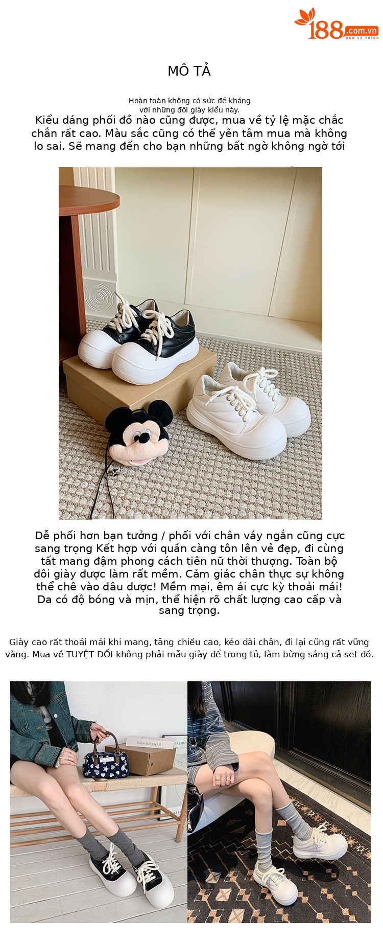 Giày sneaker nữ chunky đế dày da thật phối màu mũi to bản — màu đen, màu trắng chi tiết 2