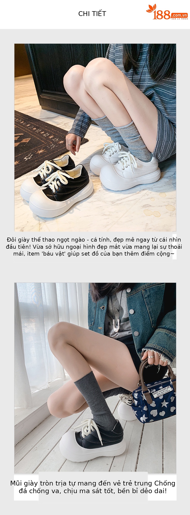 Giày sneaker nữ chunky đế dày da thật phối màu mũi to bản — màu đen, màu trắng chi tiết 4