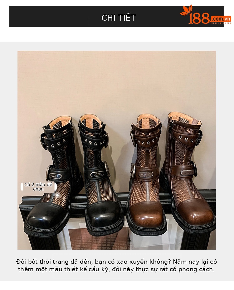 Boot nữ cổ thấp dây buộc phối khóa, đế dày platform lưới thoáng khí — màu nâu, màu đen chi tiết 5