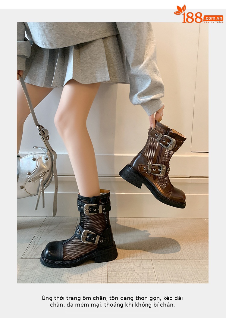 Boot nữ cổ thấp dây buộc phối khóa, đế dày platform lưới thoáng khí — màu nâu, màu đen chi tiết 6