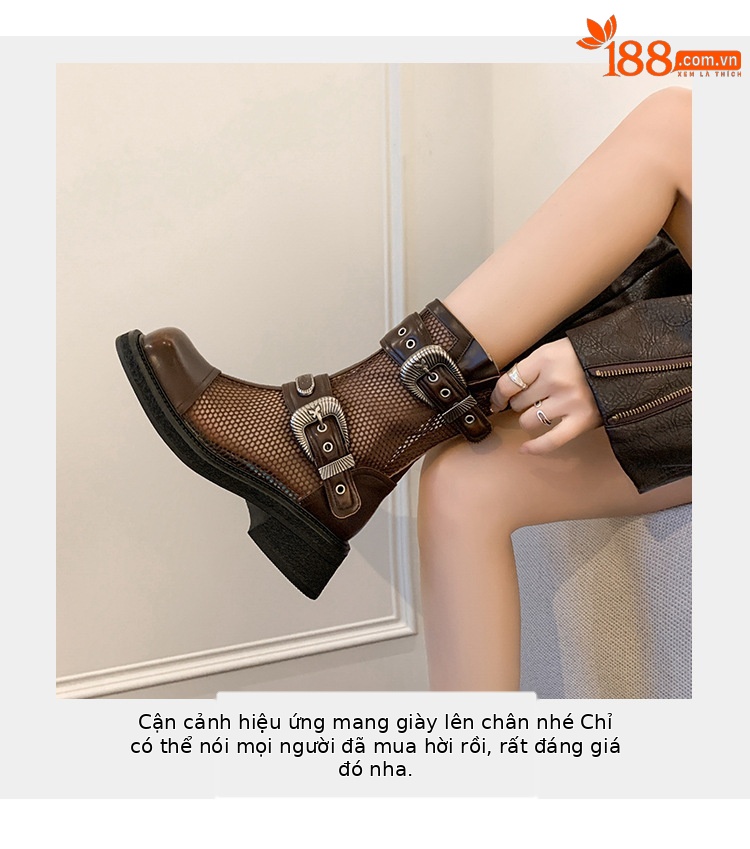 Boot nữ cổ thấp dây buộc phối khóa, đế dày platform lưới thoáng khí — màu nâu, màu đen chi tiết 8