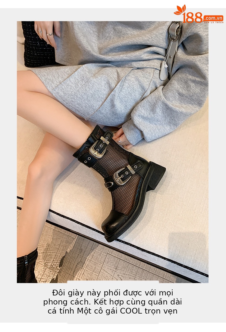 Boot nữ cổ thấp dây buộc phối khóa, đế dày platform lưới thoáng khí — màu nâu, màu đen chi tiết 10