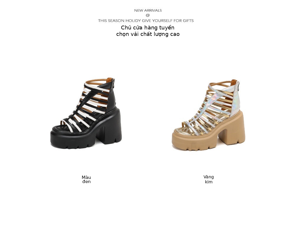Sandal cao gót nữ mũi hở đế dày 12 cm phong cách La Mã khóa kéo sau — [Đen], [Vàng] chi tiết 2