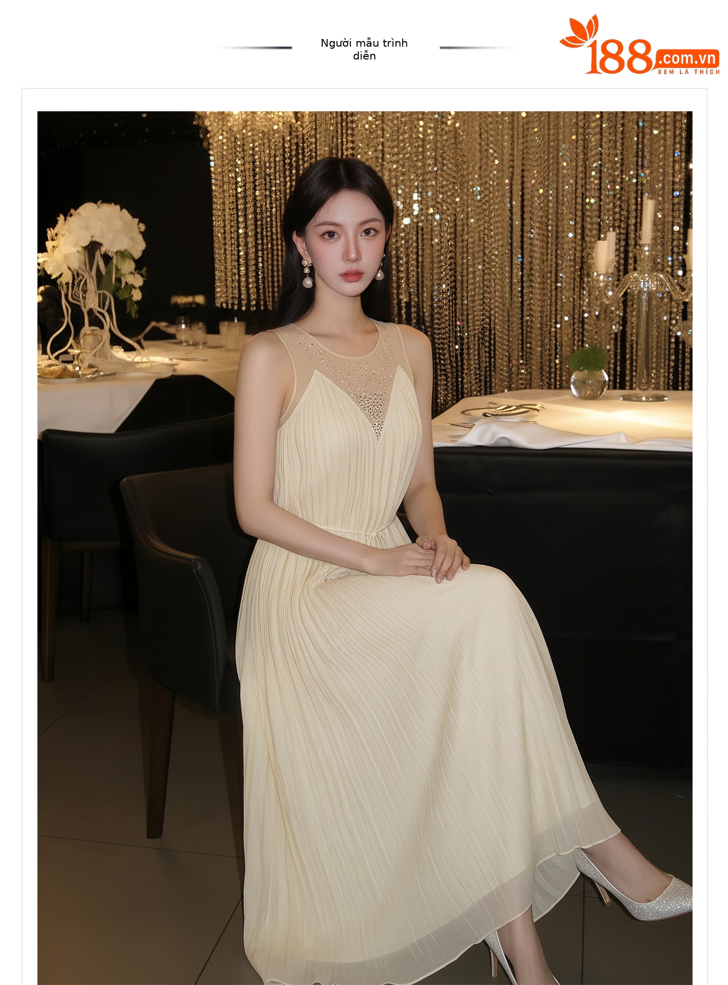 Đầm maxi nữ thắt eo không tay, cổ tròn, phối ren và vải lưới đính đá, tay áo xếp ly bồng — màu nâu, màu mơ chi tiết 1