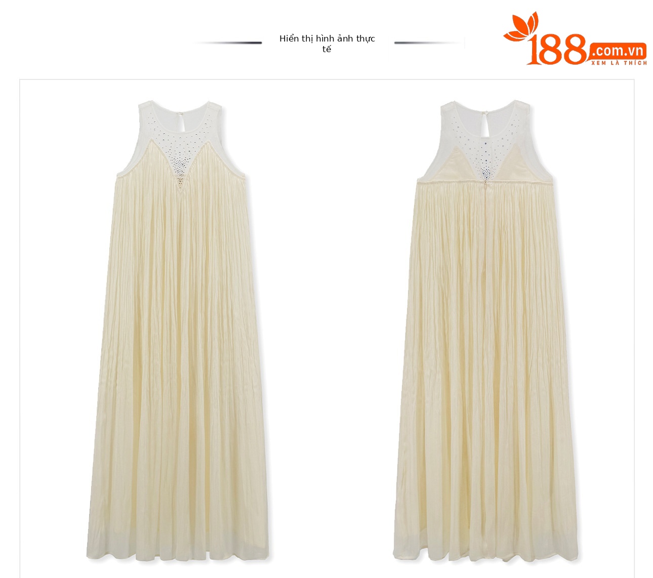 Đầm maxi nữ thắt eo không tay, cổ tròn, phối ren và vải lưới đính đá, tay áo xếp ly bồng — màu nâu, màu mơ chi tiết 15