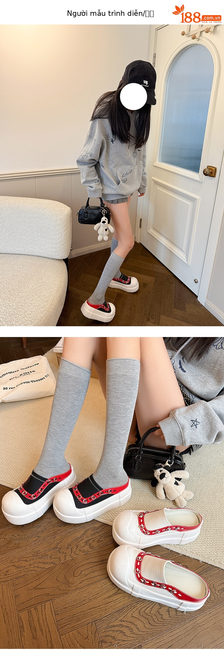 Giày sneaker nữ đế dày mũi to slip-on da thật phối màu — màu đen, màu trắng chi tiết 7